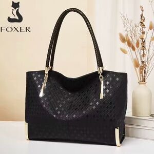 Black leather Tote Handbag with Gold Accents